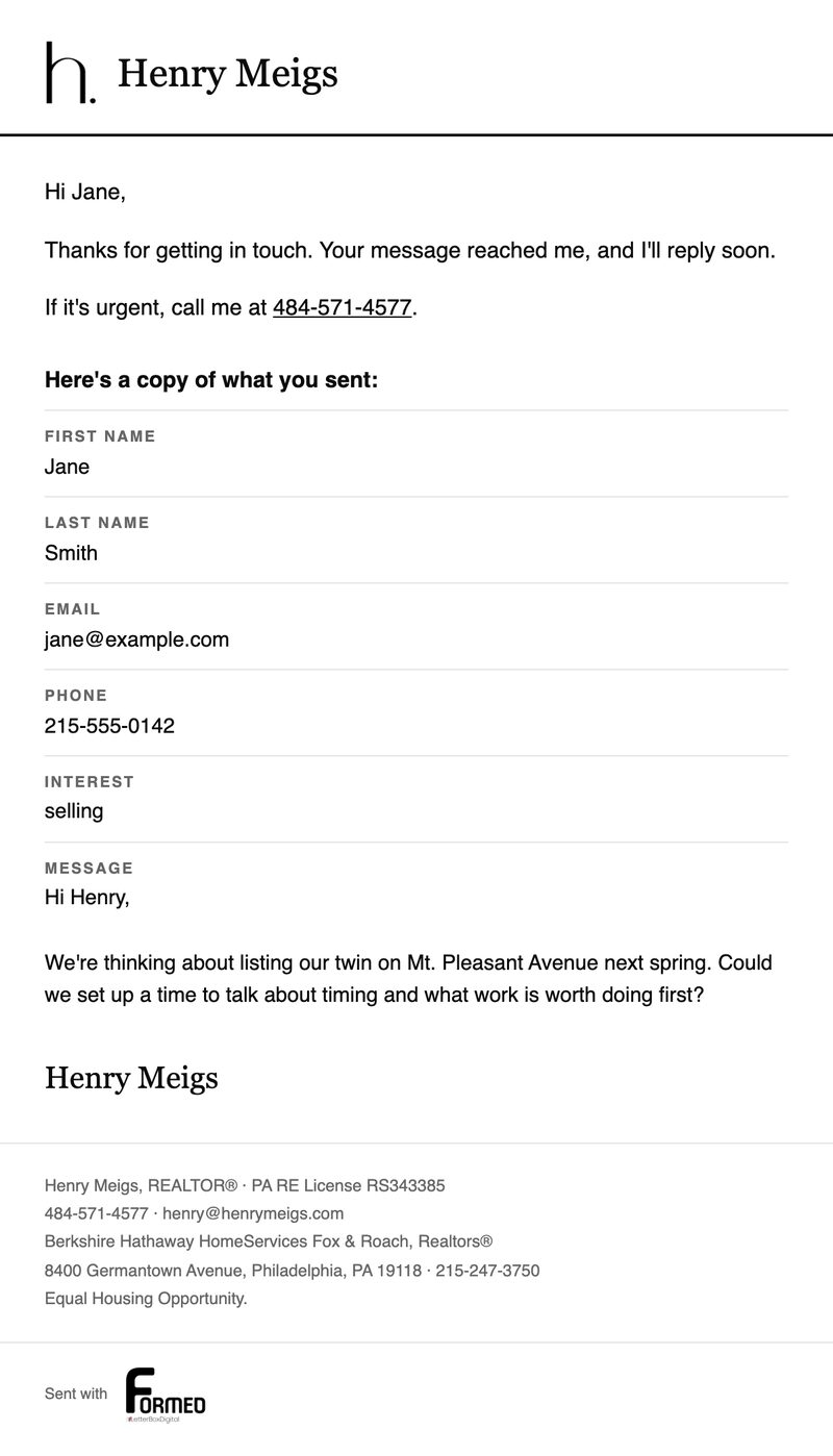 The confirmation email Jane receives, with the henrymeigs.com mark, a copy of her message and a serif signature.