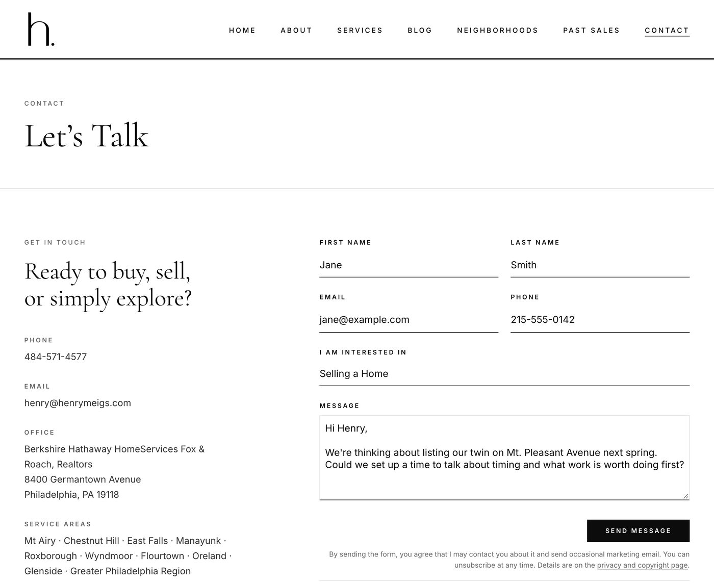 The contact page on henrymeigs.com, with the form filled in by a visitor named Jane Smith.