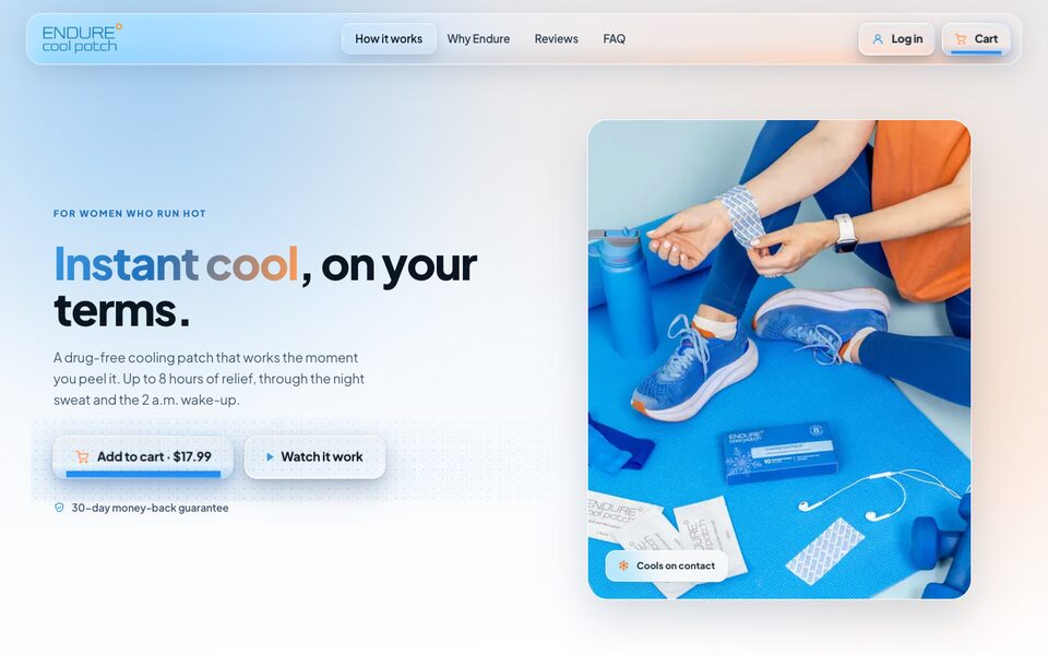 The endurecoolpatch.com storefront by Letter Box Digital: a custom Shopify store with a glassmorphism design, a frosted glass header and Add to cart button over a product photo of the Endure Cool Patch cooling patches.