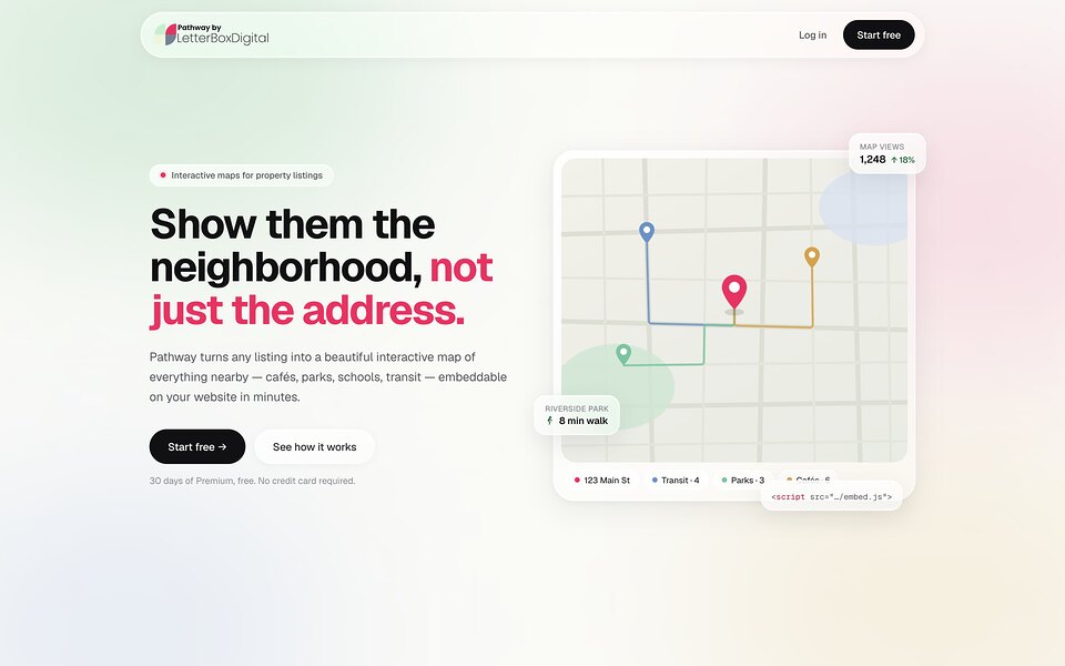 The Pathway web app by Letter Box Digital: an interactive neighborhood map widget with location pins, walking times, and an embed snippet.